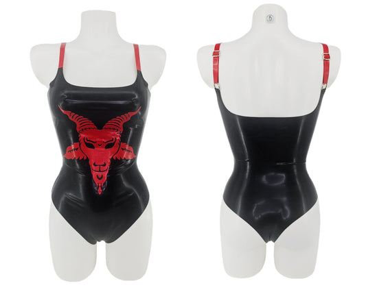 SAMPLE READY TO SHIP S Latex Baphomet thong bodysuit with adjustable straps