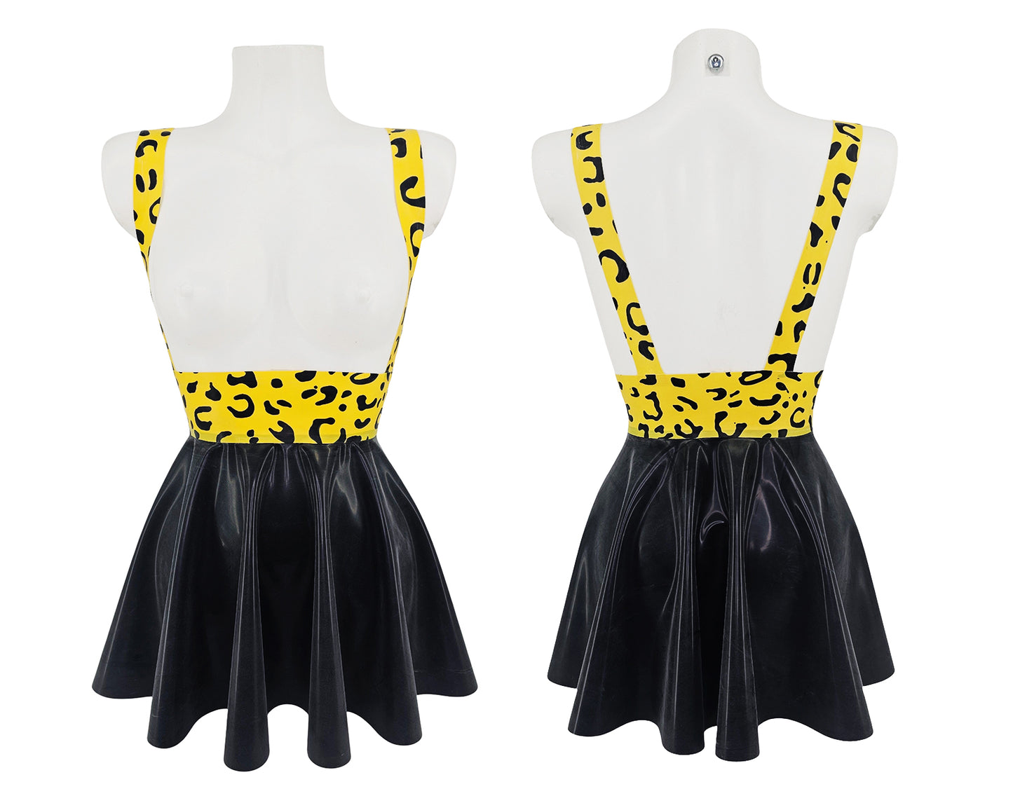 READY TO SHIP Sizes S-M High waist leo latex full circle mini skater skirt with braces