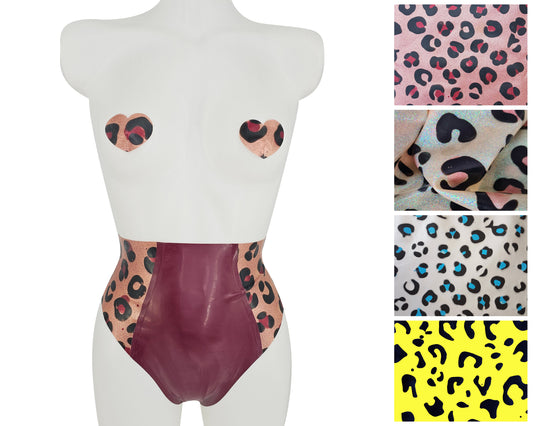 CLEARANCE Sizes XS - XL Latex high waist leopard panel thong + pasties set