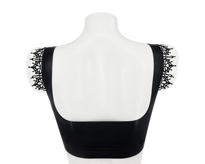 Latex crop top with lace ruffles
