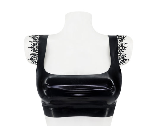 Latex crop top with lace ruffles