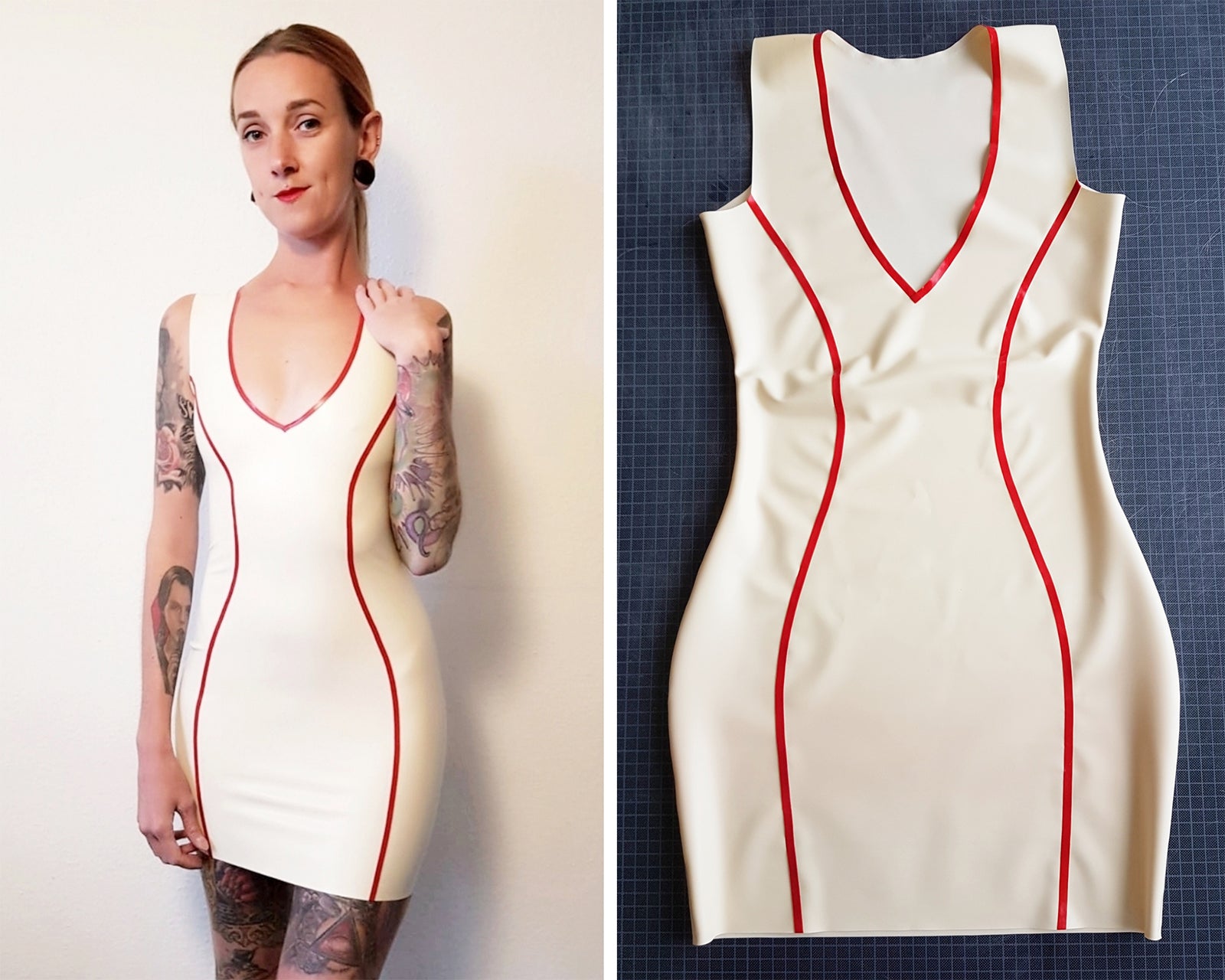 Latex panelled trimmed v-neck mini dress - Lottielatex