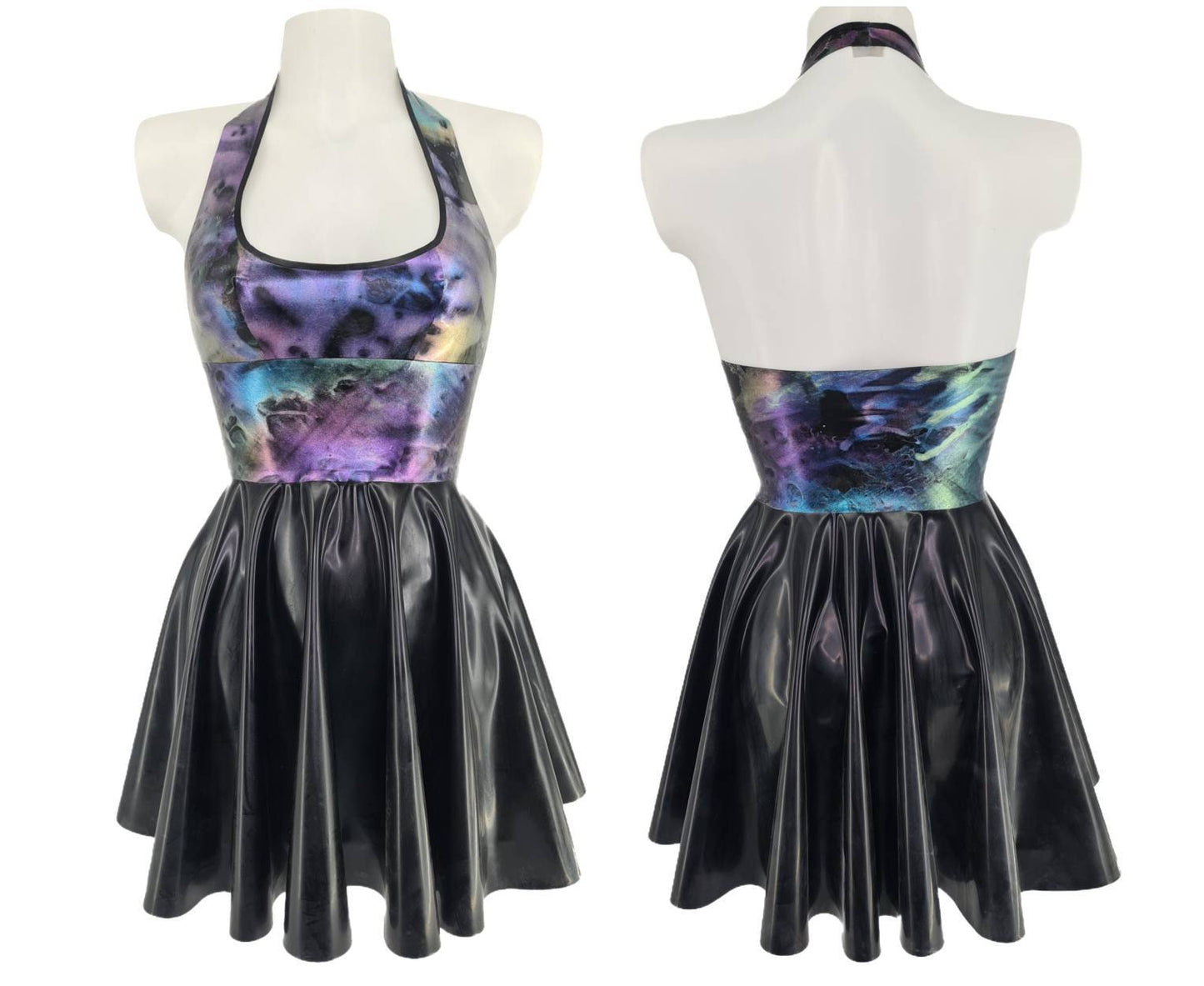 Glitter or pattern latex halter mini skater dress - Lottie Latex - latex dress handmade in Belgium