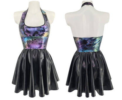 Glitter or pattern latex halter mini skater dress - Lottie Latex - latex dress handmade in Belgium