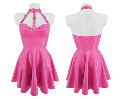 Latex harness bandeau skater dress (silver, gold or rainbow hardware) - Lottielatex latex clothing made in Belgium