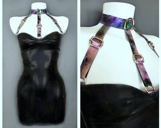 XS-3XL Mini robe bandeau harnais en latex (matériel argenté ou doré)