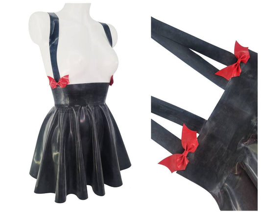 Bat bows high waist latex full circle mini skater skirt with braces