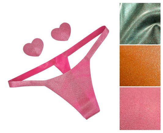 CLEARANCE sizes XS to XL Glitter latex thong and pasties gift set (3 colors)