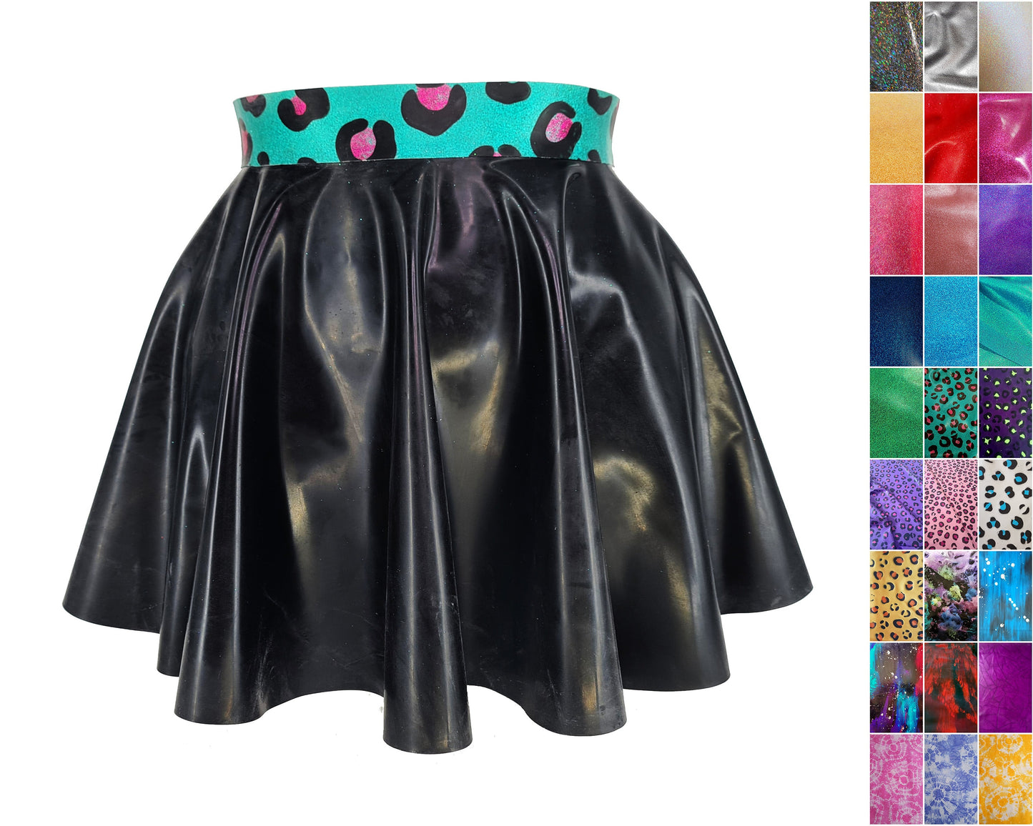 Latex full circle skater skirt with glitter/pattern latex waistband