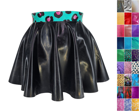 Latex full circle skater skirt with glitter/pattern latex waistband
