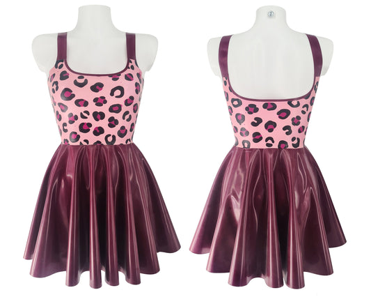 READY TO SHIP Size S Pink leopard latex vest mini skater dress