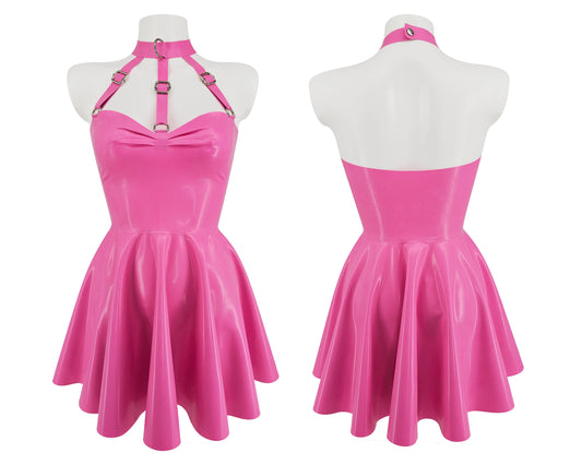 Latex harness bandeau skater dress (silver, gold or rainbow hardware)