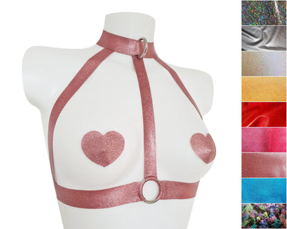 Heavy latex glitter harness with rings (silver, gold or rainbow hardware)